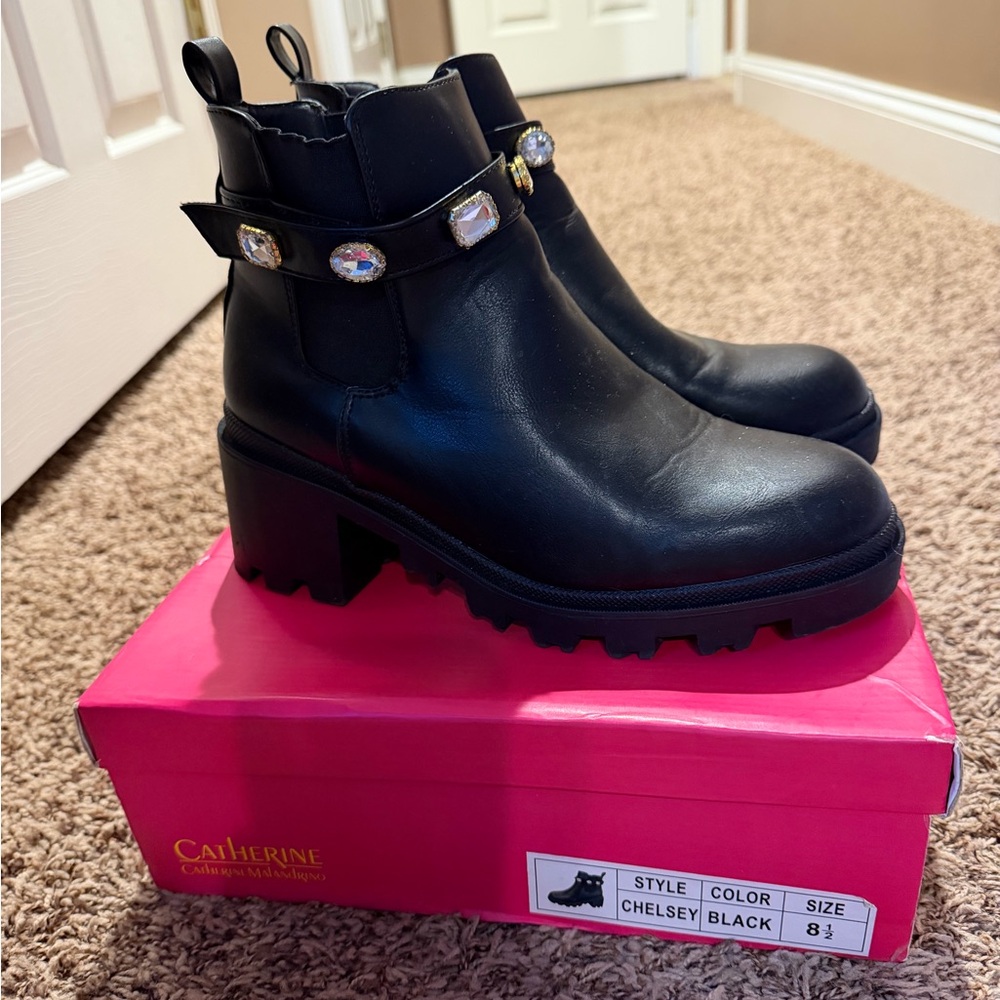 Catherines Black Ankle Boots with Gem Accents